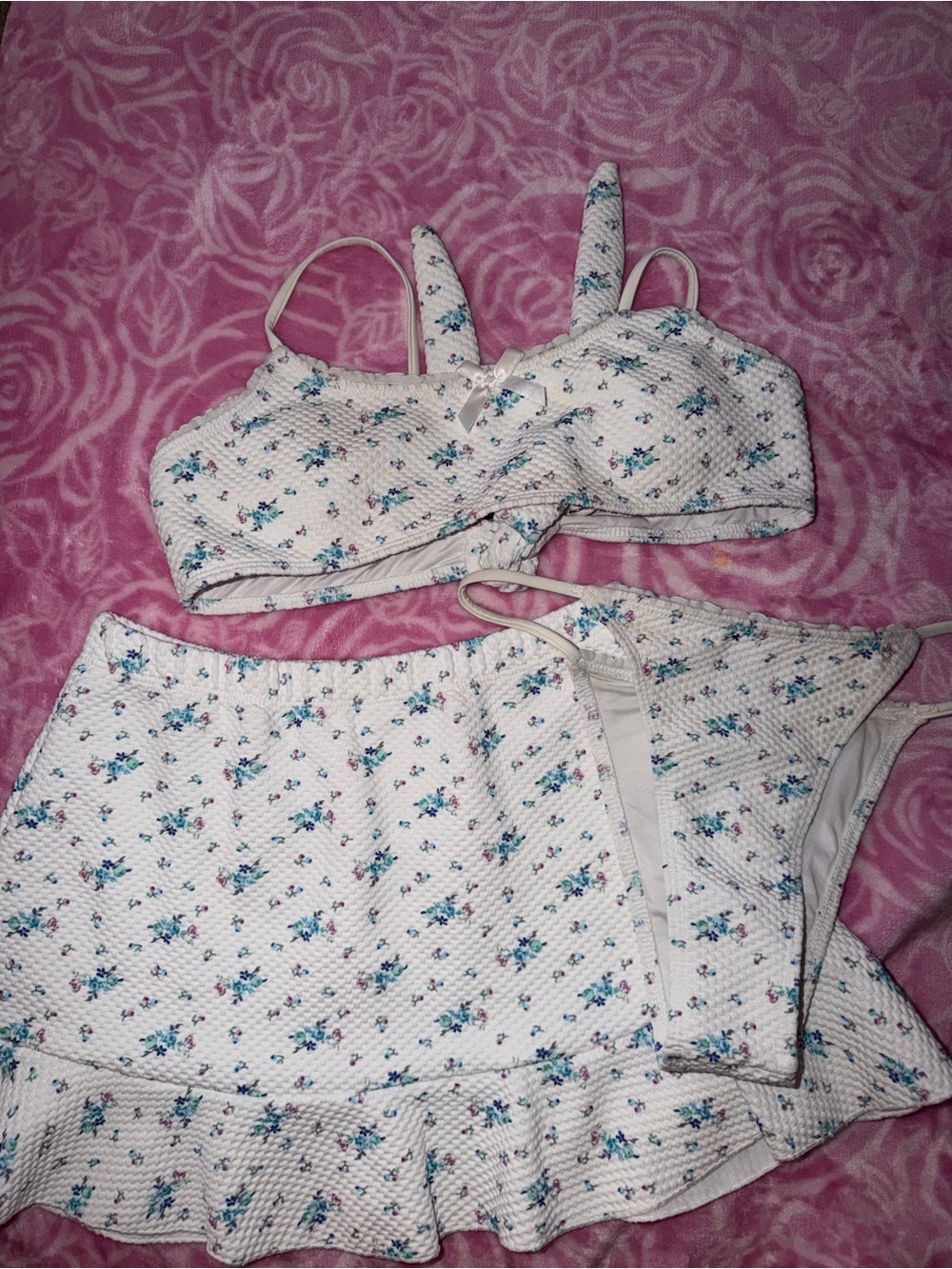 White Floral Bikini Set with Skirt - Blue Floral Print xs